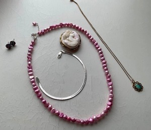 Sterling Jewelry of Necklace, Serpentine Bracelet, and Cameo