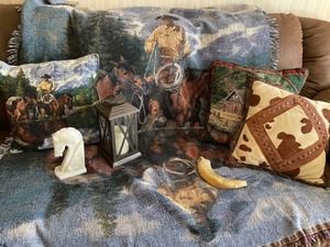 Cowboy Lot with afghan, pillows, lantern, marble horse, horn
