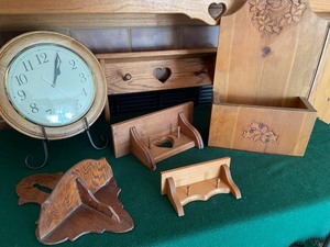 Wood Shelves, Clock and Bin
