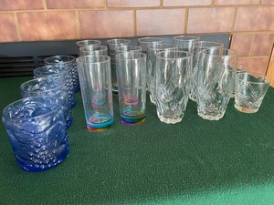 Fabulous Glassware Variety with Colorful water glasses, blue tumblers, liquor and more