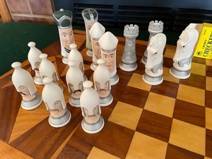 Chess Set with Wooden Inlayed Board and Ceramic Pieces