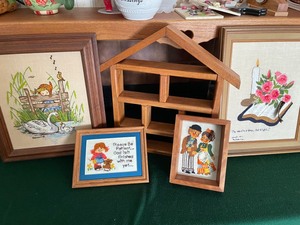 Handmade Crewel Embroidery Pictures and Handcrafted Wooden House