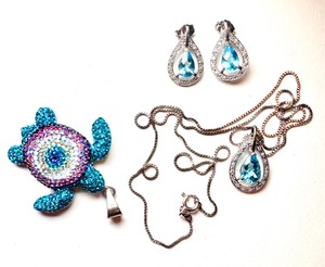 Lovely Sterling Blue Topaz Necklace & Earrings with Stunning Turtle Pendant