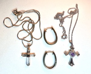 Two Brilliant Sterling Crosses and 10ct diamond hoop earrings