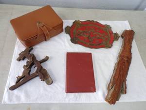 lot 91 image: Vintage Florentine Serving Tray, Wood Carved Whittling Wood Spirit, Vintage Wood Moving Coyote and Roadrunner