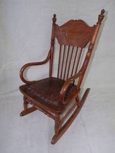lot 113 image: Vintage Wooden Kids Rocking Chair with Leather Seat