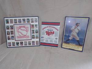 lot 116 image: 1987 Minnesota Twin Homer Hanky Framed with Cards, Metal World Series Sign, Babe Ruth