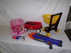 lot 147 image: Little Tikes Wagon, Little Tikes Swing, Shopping Cart, Nerf Guns