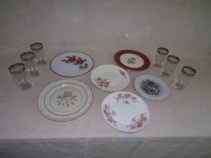 lot 161 image: Hand Etched Silver Rimmed Glasses From Italy -6 and Antique Plates