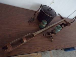 lot 171 image: Antique Blue Ball Ideal Flip Top Jars, Black Enamel Pot, Vintage Soil Sampler, Vintage Small Hand Grinder