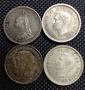(4) British Silver 3 Pence Coins