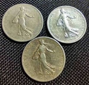 (3) French Silver 1 France Coins - 1916, 1917, 1918