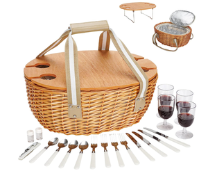 lot 213 image: STBoo Picnic Basket for 4, Insulated Wicker Hamper with Folding Table