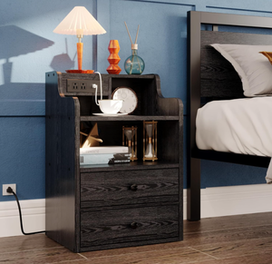 lot 90 image: LIKIMIO Black Nightstand with LED Charging Station 2 Drawers and Storage Shelves
