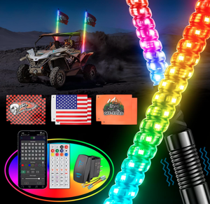 lot 458 image: Ehaho 2PCS 2FT Whip Lights for UTV ATV with Spring Base, Tripled Brighter Led Whip Light WRocker Switch & 6 Flags