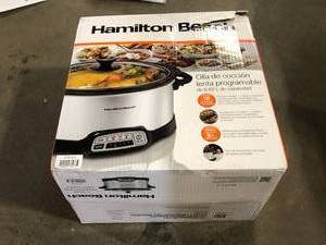 lot 34 image: Top Rated Hamilton Beach 7 Qt. Programmable Stainless Steel Slow Cooker with Built-In Timer and Temperature Settings   Customer Returns See Pictures