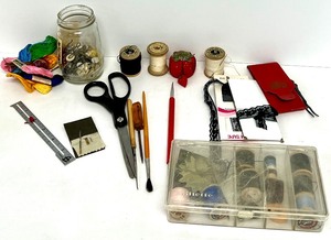 Vintage Sewing Kit with Various Items and Wooden Box with Scissors