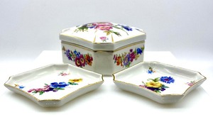 Floral and Gold Accented Porcelain Box & Pair of Matching Dishes
