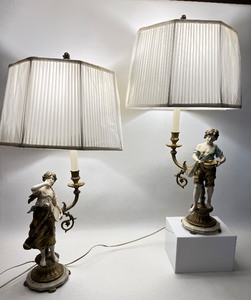 L & F MOREAU COLLECTION FRANAISE Spelter - Pair Art Nouveau Table Lamps French Cottage