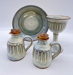 Hand Thrown Art Pottery Cruets, Challis and Plate - Signed