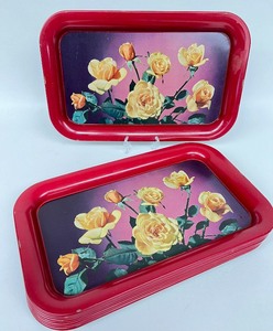 Vintage Metal Serving Trays with Yellow Roses - QTY 9