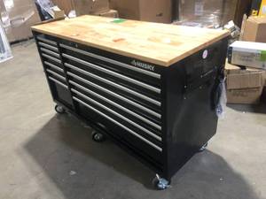 Husky 62 in. W x 24 in. D Standard Duty 14-Drawer Mobile Workbench Cabinet Tool Chest with Solid Wood Top in Gloss Black  Customer Returns See Pictures