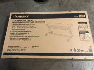 Husky 52 in. W x 24 in. D Steel 2-Drawer Adjustable Height Solid Wood Top Workbench Table in White Customer Returns See Pictures