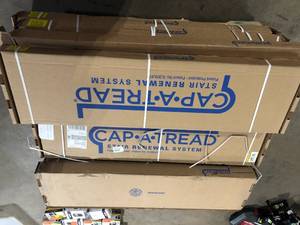 14 Boxes of Cap A Tread CobblestoneApplewoodAcaciaKoa 47in.Lx12.15in.Wx1.69in.T Laminate Stair Tread and Reversible Riser Kit Adhesive Customer Returns See Pictures