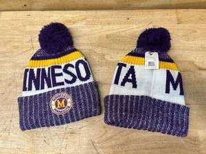 lot 51 image: Minnesota Winter Gear Lot of 2- Pom Pom Beanies (Vikings Colors)