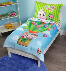 lot 44 image: Cocomelon 4 Piece Toddler Bedding Set  Includes Comforter, Sheet Set  Fitted  Top Sheet  Reversible Pillowcase