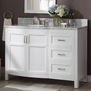 lot 16 image: ALLEN  ROTH Moravia 48-in White Undermount Single Sink Bathroom Vanity with Carrara Natural Marble Top (Retails for $1,199.00)