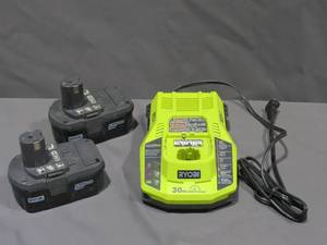 lot 3 image: 2 Ryobi 18v Lithium Batteries with Ryobi 30 Minute Charger