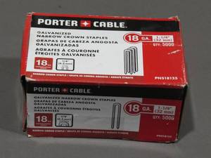 lot 84 image: Porter-Cable 1-14 in. X 18-Gauge Leg Glue Collated Narrow Crown Staples (5000 per Box)