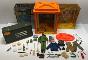 1964 Talking Adventure Team G.I.Joe (Works) With Accessories, Carrying Box And Adventure Team Headquarters With Parts & Accessories (Some Missing Pieces)