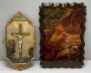 Vintage Framed Crucifix OvalBubble Glass Brass Frame 11 12 x 20 & Religious Print On Wood 15 12 x 22 12