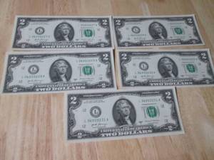 5 Uncirculated Sequentially Numbered $2.00 Bills