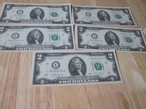 5 Uncirculated Sequentially Numbered $2.00 Bills
