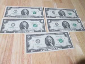 5 Uncirculated Sequentially Numbered $2.00 Bills