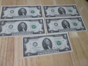 5 Uncirculated Sequentially Numbered $2.00 Bills