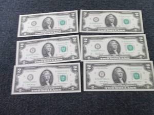 lot 266 image: 6 Sequential, Uncirculated $2 Bills...