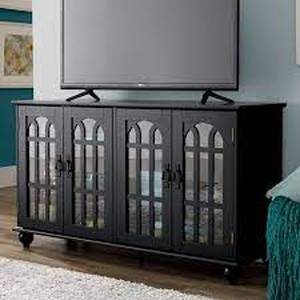 lot 33 image: Arched Door Mission-Style TV Stand Console with Doors-Black