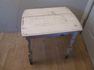 Vintage Shabby Chic style wood end table on casters for ease of portability