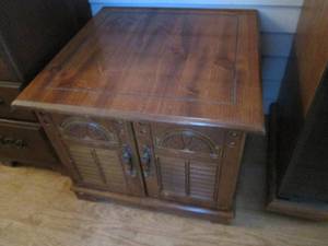 Vintage End table cabinet with front shutter style cupboard doors that open to reveal an excellent space for storage