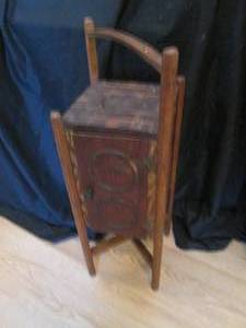 Uniquely designed vintage petite wooden plant or display stand with adorable cupboard style front door