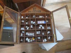 Skillfully crafted miniature display cabinet filled with a fine collection of Vintage porcelain thimbles