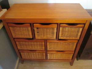 Vintage 9-Drawer entry style table with Wicker Rattan Basket type drawers and solid Wood frame