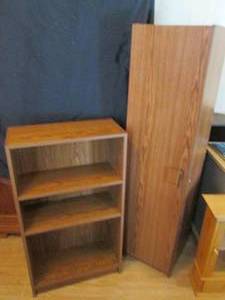 4-adjustable tier book case with matching 4-tier pantry style cabinet with a wood grain appearance