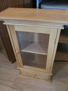 Unique wall hung glass front 2-tier display cabinet with a single drawer tucked underneath