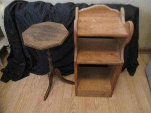 Wooden 3-tier display shelf with a Vintage pedestal style end table or plant stand