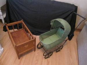 Sage Green Wicker Rattan and black wrought iron framed baby doll buggy and decorative Wood baby doll type bed